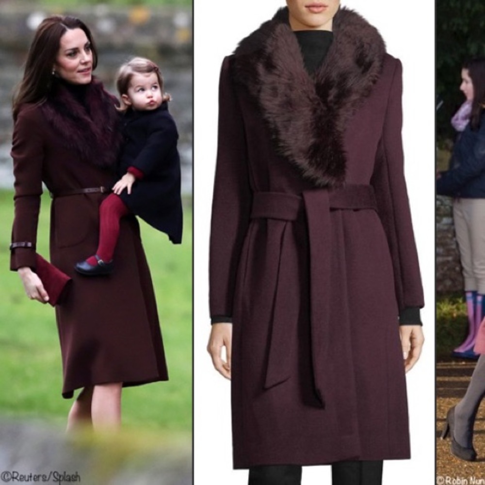 CLUB MONACO burgundy long fur wool coat